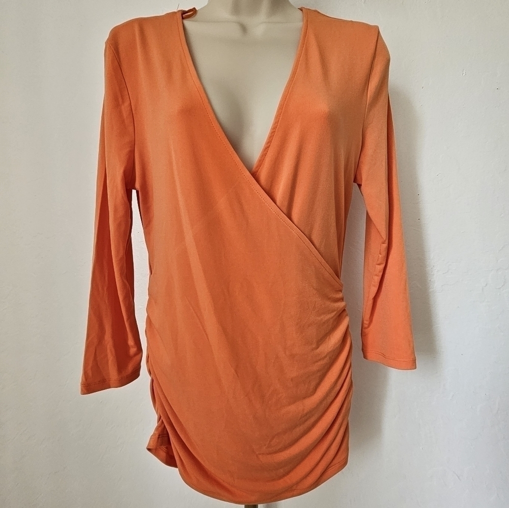 NWT MICHAEL KORS Faux Wrap Zipper Detail 3/4 Sleeved Orange Blouse Top~Size S